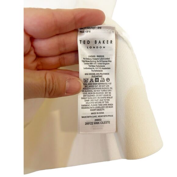 Ted Baker Cileste Fitted V Neck Knit Top Ling Sleeve Sz 8 Ivory - Picture 8 of 8